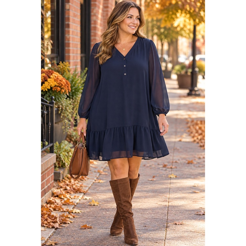 Draper James XXL Navy Trapeze Swing Dress Sheer Sleeve Flounce Hem NWT